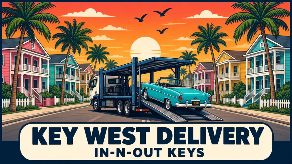 Car carrier delivering a car on a Key West street